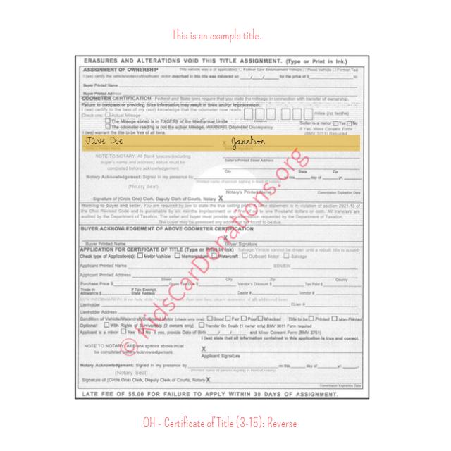 This is an Example of Ohio Certificate of Title (3-15) Reverse View | Kids Car Donations